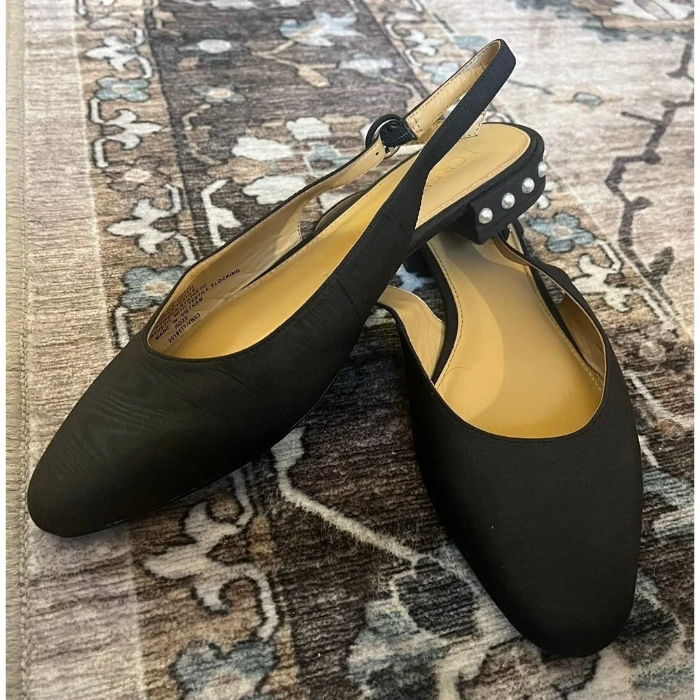 J.Crew Women's Black Embellished Pearl Heel Slingback‎ Flat Shoes Sz 8 BU506
